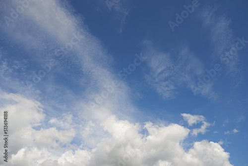 Below view of clouds with copy space in a blue sky during summer. Low angle of a nature background, copyspace, cumulus clouds and sunshine. Enjoying a beautiful afternoon and day outside in fresh air © SteenoWac/peopleimages.com