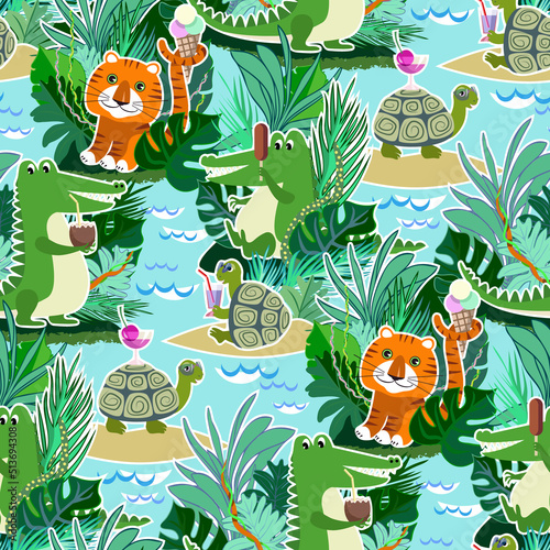 Seamless Pattern of Joyful Jungles Animals.