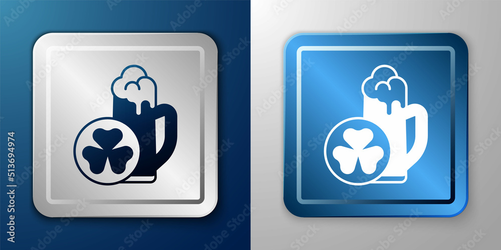 White Glass of beer icon isolated on blue and grey background. Happy Saint Patricks day. National Irish holiday. Silver and blue square button. Vector