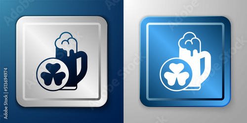 White Glass of beer icon isolated on blue and grey background. Happy Saint Patricks day. National Irish holiday. Silver and blue square button. Vector