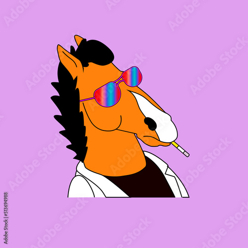 Bojack Illustration. Bored Horse Nft. Bojack with Glasses and Cigarette with purple background.