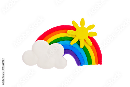 plasticine rainbow, cloud, sun, rays on white background, isolate, plasticine creativity, children's hobbies, natural phenomenon