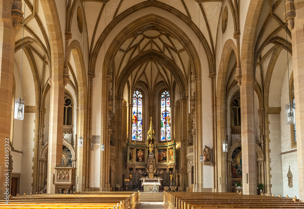 Great view inside the St. Joseph’s Parish Church (Sankt-Josephs-Kirche), the second largest Catholic church in Speyer, Germany. The four paintings on the high altar show scenes from Jesus’ childhood.