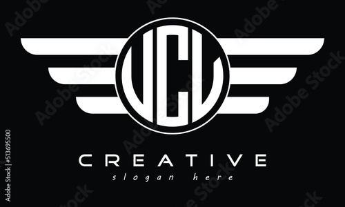 UCV three letter circle with wings logo design vector template. wordmark logo | emblem logo | monogram logo | initial letter logo | typography logo | business logo | minimalist logo | photo