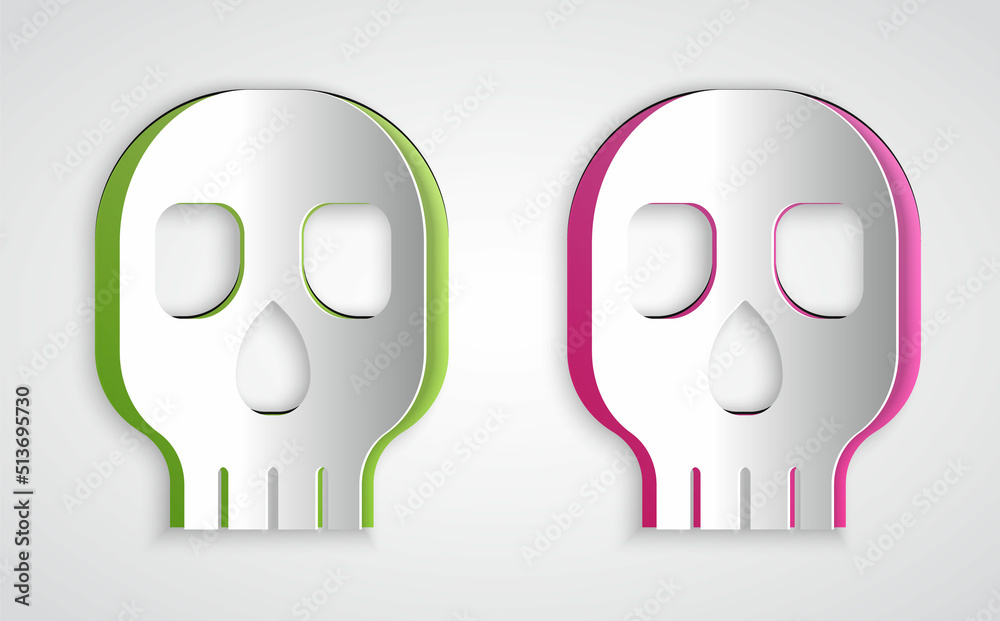 Paper cut Skull icon isolated on grey background. Happy Halloween party. Paper art style. Vector