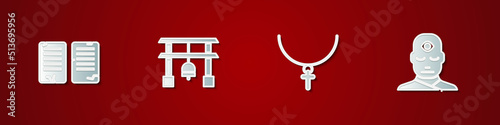 Set The commandments, Japan Gate, Christian cross on chain and Man with third eye icon. Vector