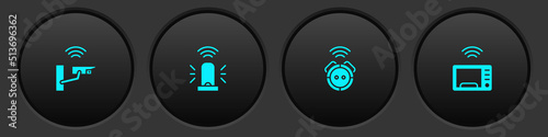 Set Smart security camera, flasher siren, Robot vacuum cleaner and microwave oven icon. Vector