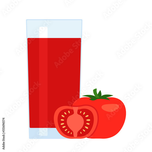 Tomato juice glass with whole and half tomato, smoothie food. Cut vegetables cooking vegetarian drink. Red beverage in cup, fresh vegetable drink for healthy eating. Vector illustration