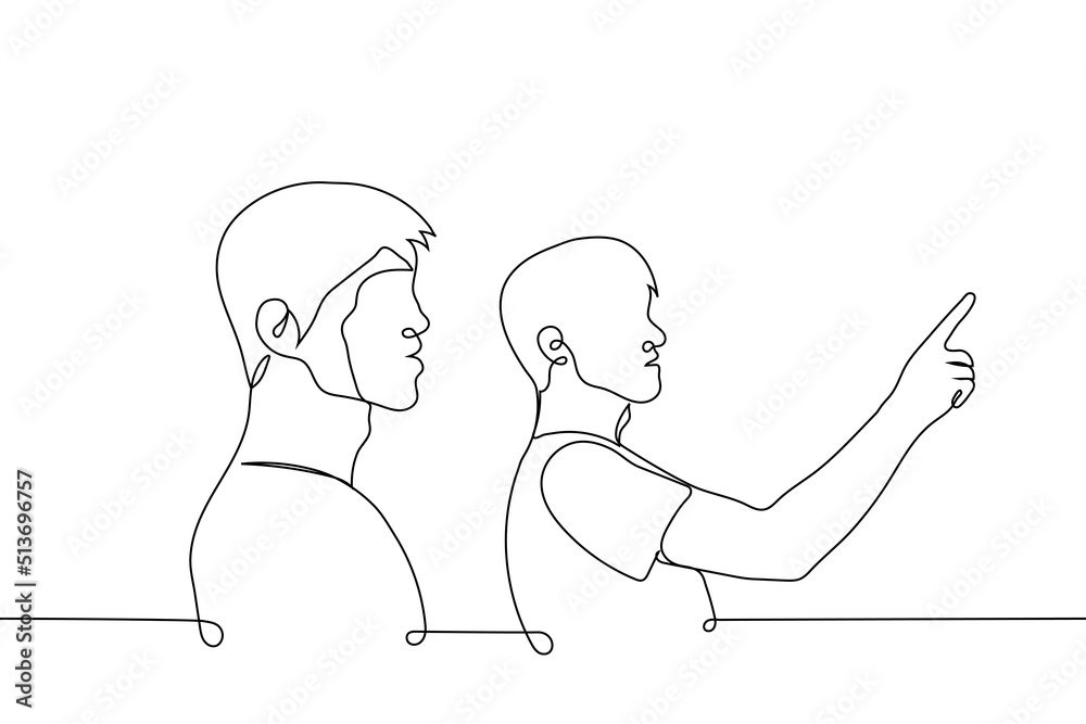 man points his finger and the second one looks in the indicated direction - one line drawing vector. concept indicate direction, observe, concentrate, focus, pay attention