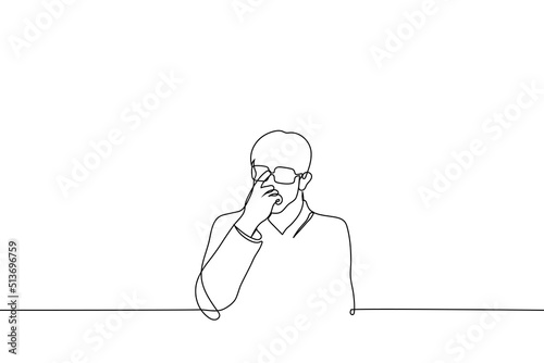 man adjusting glasses on his eyes - one line drawing vector. concept to think, reflect, falling glasses, weak spectacle frame
