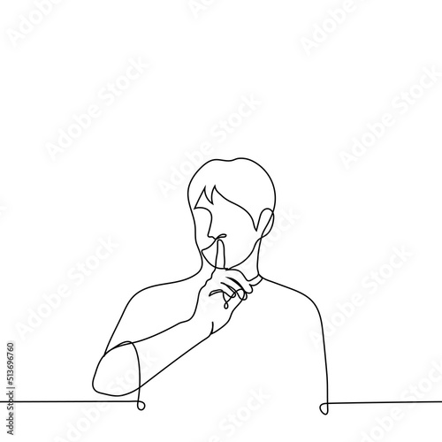 man raised his finger to his mouth - one line drawing vector. the concept of silence, a call for silence, keep secrets, do not chat too much