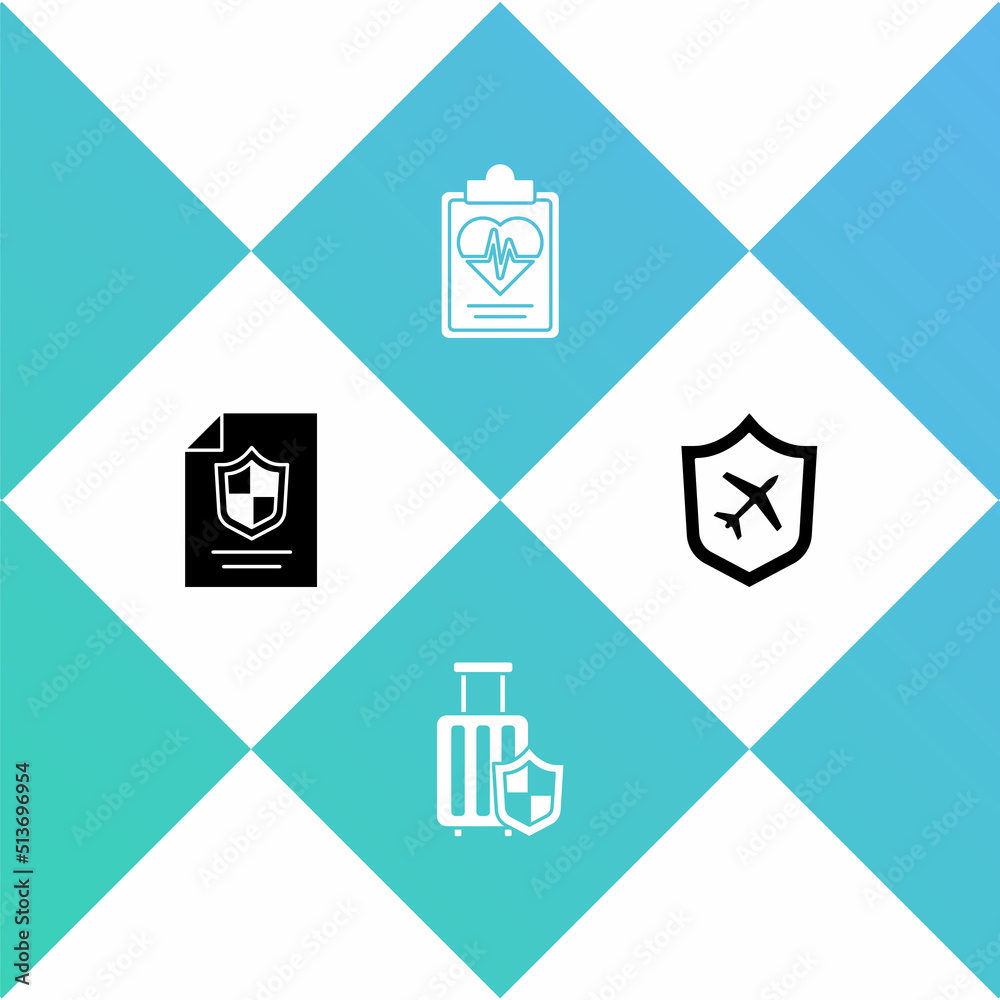 Set Contract with shield, Travel suitcase, Health insurance and Plane icon. Vector Set Contract with shield, Travel suitcase, Health insurance and Plane icon. Vector