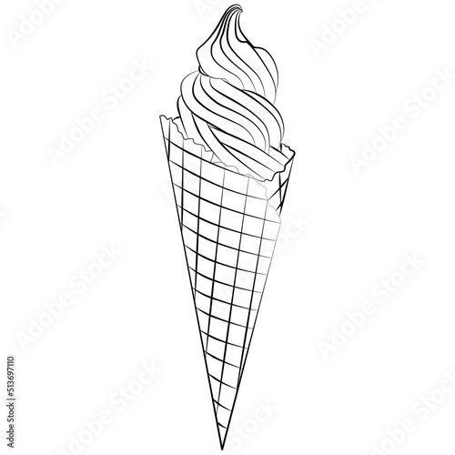 creamy twisted soft ice cream waffles, ice cream cones wafer sketch drawing, contour lines drawn