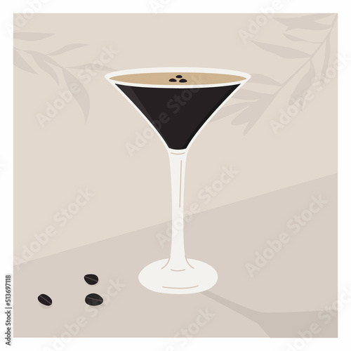 Espresso Martini Cocktail in glass garnished with coffee beans. Retro square card for bar menu. Wall art poster with alcoholic beverage and tree branch shadows on background. Vector flat illustration.