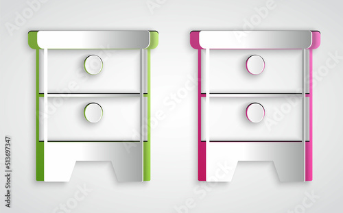 Paper cut Furniture nightstand icon isolated on grey background. Paper art style. Vector