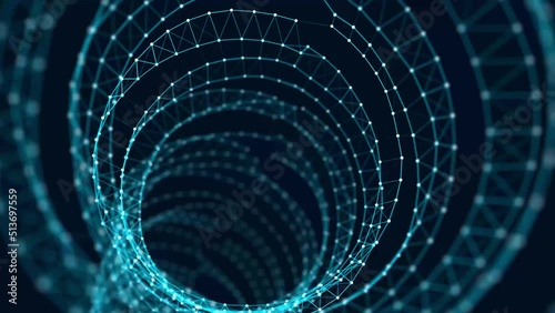 3d wireframe tunnel. Abstract background of lines. Tunnel through space. Optical illusion. 3d rendering. 4K video. Seamless loop.