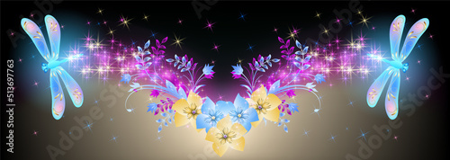 Magic dragonflies with fantasy sparkle and blazing trail and stars on dark night sky background