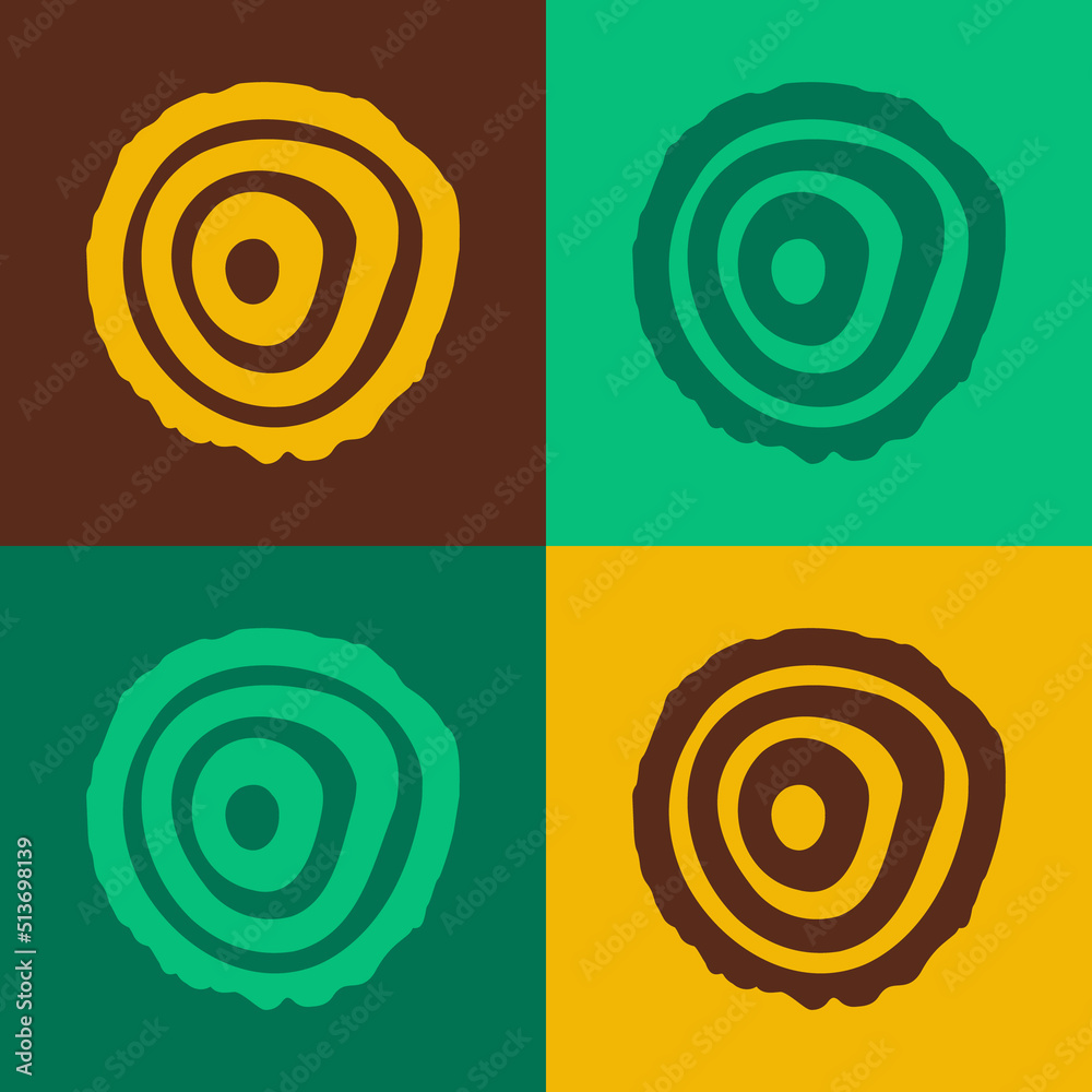 Pop art Tree rings icon isolated on color background. Wooden cross section. Vector Pop art Tree rings icon isolated on color background. Wooden cross section. Vector