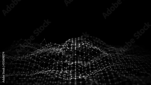 Wireframe concept of mountains landscape. Technology background. Big Data. Wave of dots and lines. Gradient wavy background. Abstract backdrop. 3d rendering. 4K video. Seamless loop.