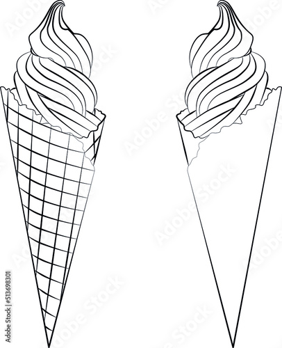 creamy twisted soft ice cream waffles, ice cream cones wafer sketch drawing, contour lines drawn