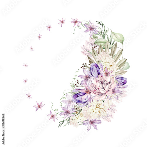 Fototapeta Naklejka Na Ścianę i Meble -  Watercolor romantic wreath with succulents and crocus, clematis and flowers. Illustration