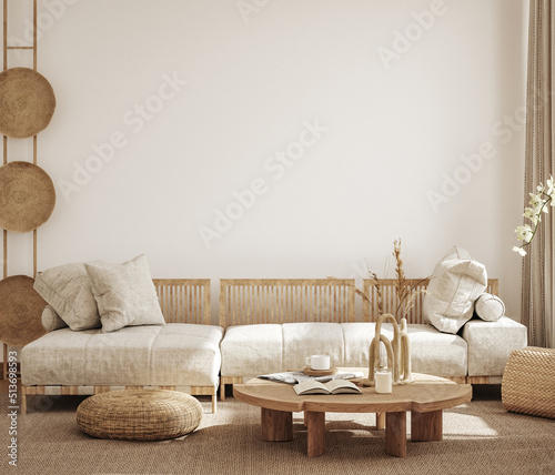 Home interior in japanese style, wall mockup in living room background, 3d render © artjafara