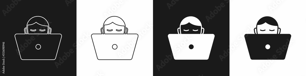 Set Freelancer icon isolated on black and white background. Freelancer man working on laptop at his house. Online working, distant job concept. Vector Set Freelancer icon isolated on black and white background. Freelancer man working on laptop at his house. Online working, distant job concept. Vector