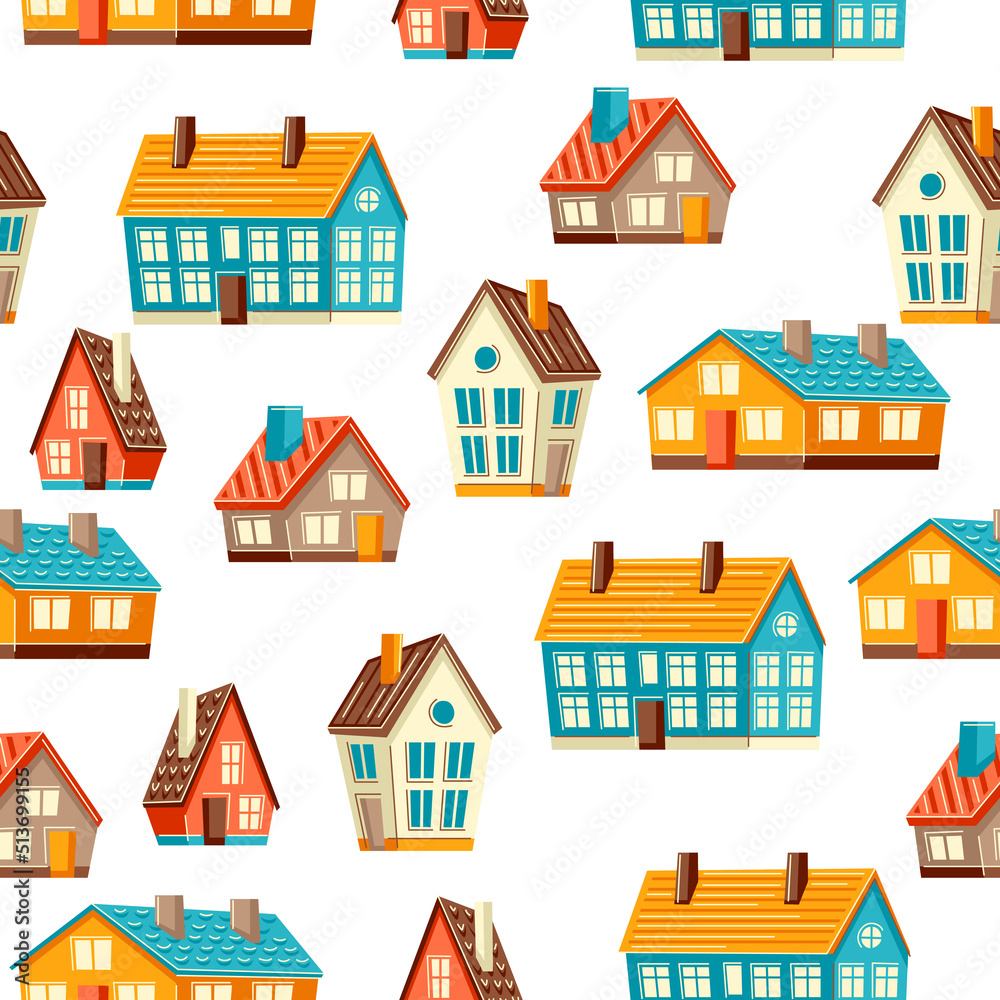 Seamless pattern with cute houses. Country colorful cottages background.