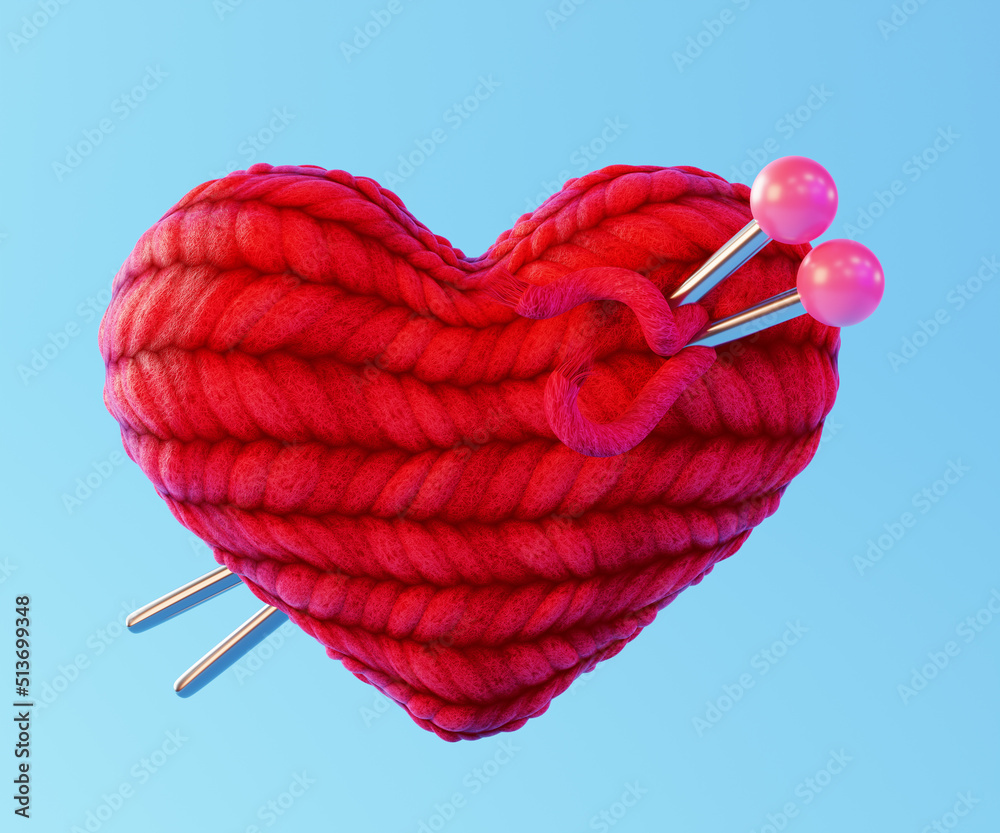 3d illustration broken heart, isolated on light blue background. 3d rendering knitted heart pierced with knitting needles. 3d illustration broken heart, isolated on light blue background. 3d rendering knitted heart pierced with knitting needles.