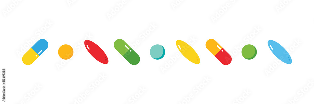 Set, collection of colorful pills, food supplements, medications. Vector cartoon style icons, illustration for medical and healthcare design.
