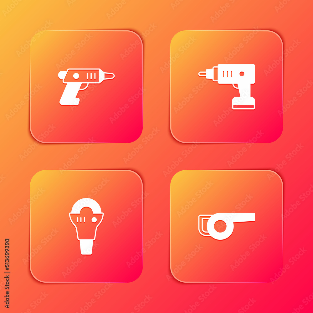 Set Electric cordless screwdriver, , Angle grinder and Leaf garden blower icon. Vector Set Electric cordless screwdriver, , Angle grinder and Leaf garden blower icon. Vector