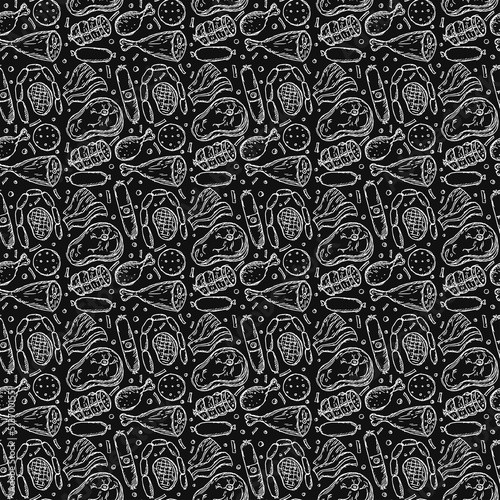 Seamless meat pattern. Black and white meat background. Doodle vector illustration with meat products icons