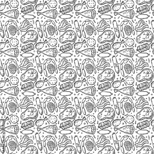 Seamless meat pattern. Black and white meat background. Doodle vector illustration with meat products icons