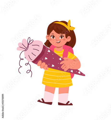 Schoolgirl holding sugar cone.Germany enrollment tradition.Vector illustration