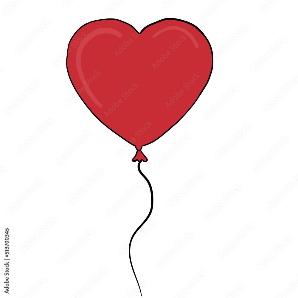 The icon of a cartoon hand drawn red balloon heart isolated on a white background. The concept of love and Valentine. Flat design. Vector illustration.