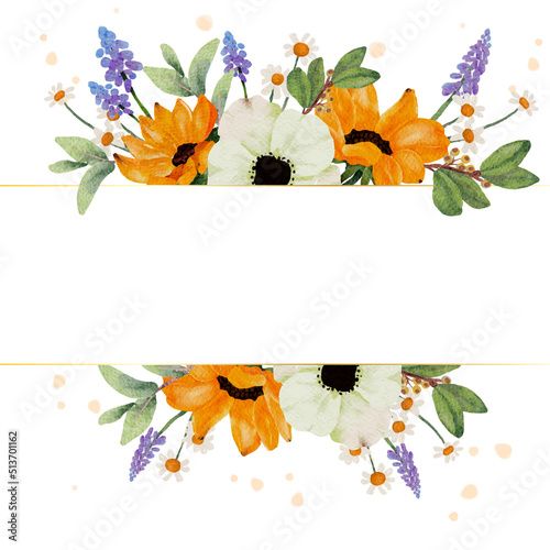 Fotografiet watercolor yellow sunflower and white anemone flower bouquet wreath frame banner