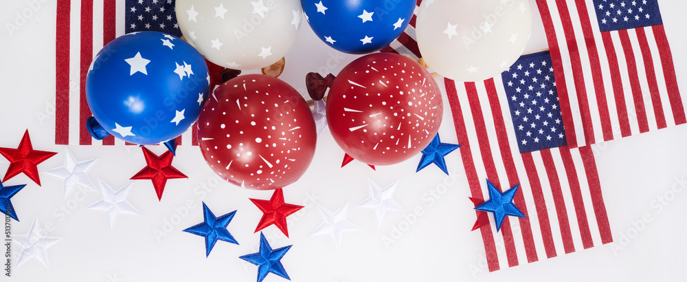 Fototapeta premium Independence Day background with american flags, balloons, stars. 4th july frame