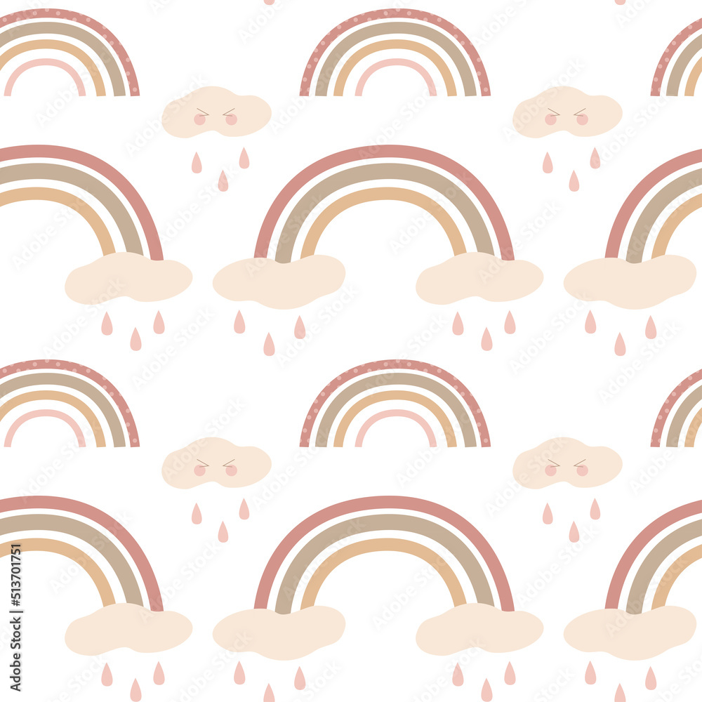 Cute vector seamless pattern with rainbow and clouds on a white background.For printing on children's textiles and accessories. Cute vector seamless pattern with rainbow and clouds on a white background.For printing on children's textiles and accessories.