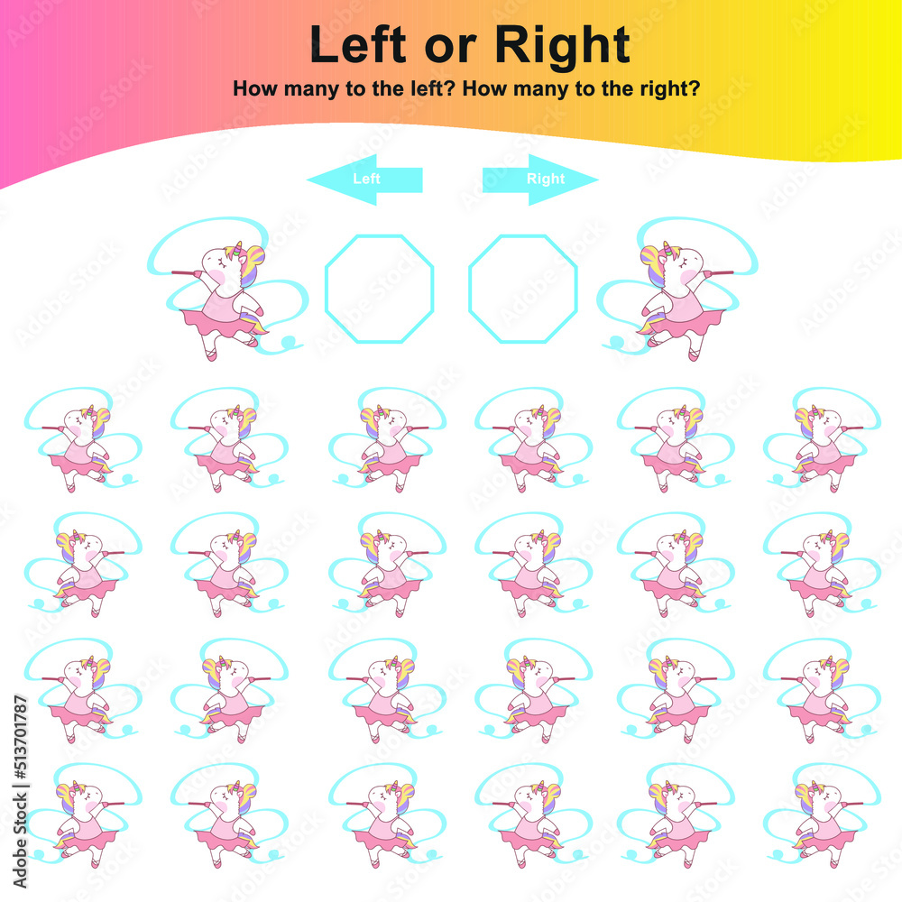 Counting unicorns left or right worksheet. Educational printable math worksheet. Vector illustration. Counting unicorns left or right worksheet. Educational printable math worksheet. Vector illustration.