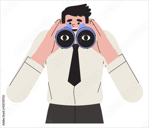 Curious man worker or employee looking through binoculars. Business metaphore for search or research, development, web surfing. Trendy outline vector characters for web or ui design.