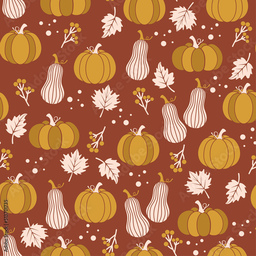 Thanksgiving seamless pattern. Pumpkins and leaves on a burgundy background. Happy Thanksgiving vector pattern. Harvest season. Fall pattern. Autumn design for fabric, paper, cover, interior decor.