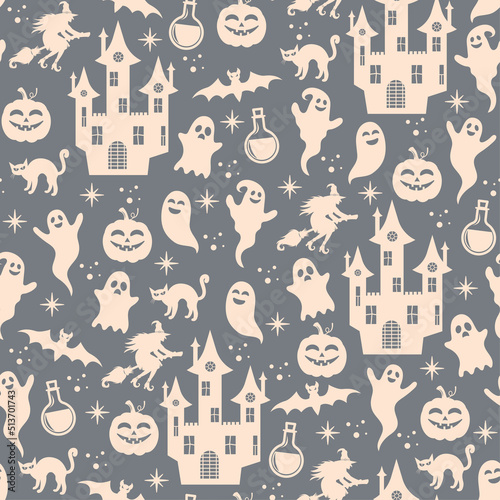 Fototapeta Naklejka Na Ścianę i Meble -  Seamless Halloween pattern. Vector illustration of Halloween party. Silhouette of ghost, cat, witch, pumpkin, bat and castle. Vector cartoon seamless pattern.