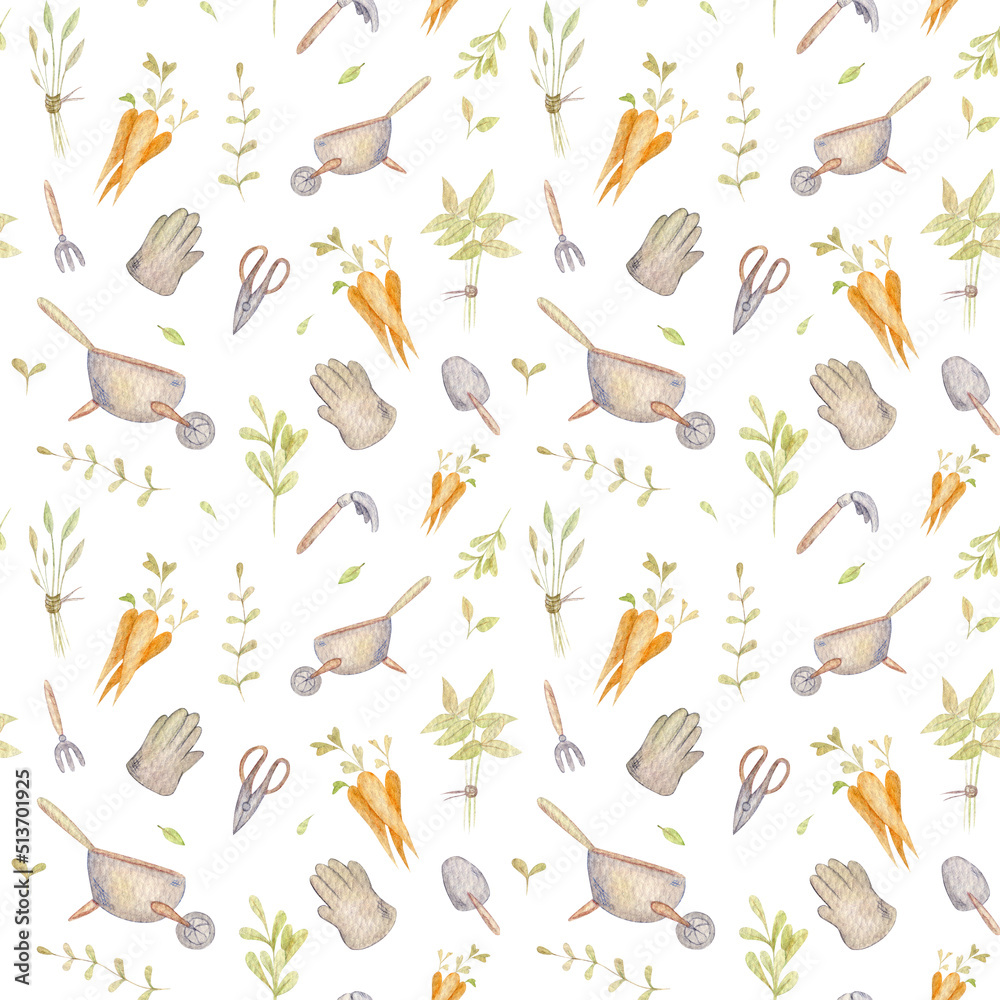 Fototapeta premium Watercolor seamless pattern with garden, nature and agriculture. Plants and vegetables on the farm