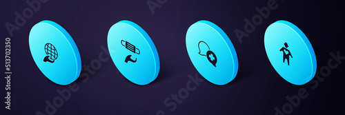 Set Isometric Volunteer, Dialogue with doctor, Medical protective mask and Hand holding Earth globe icon. Vector