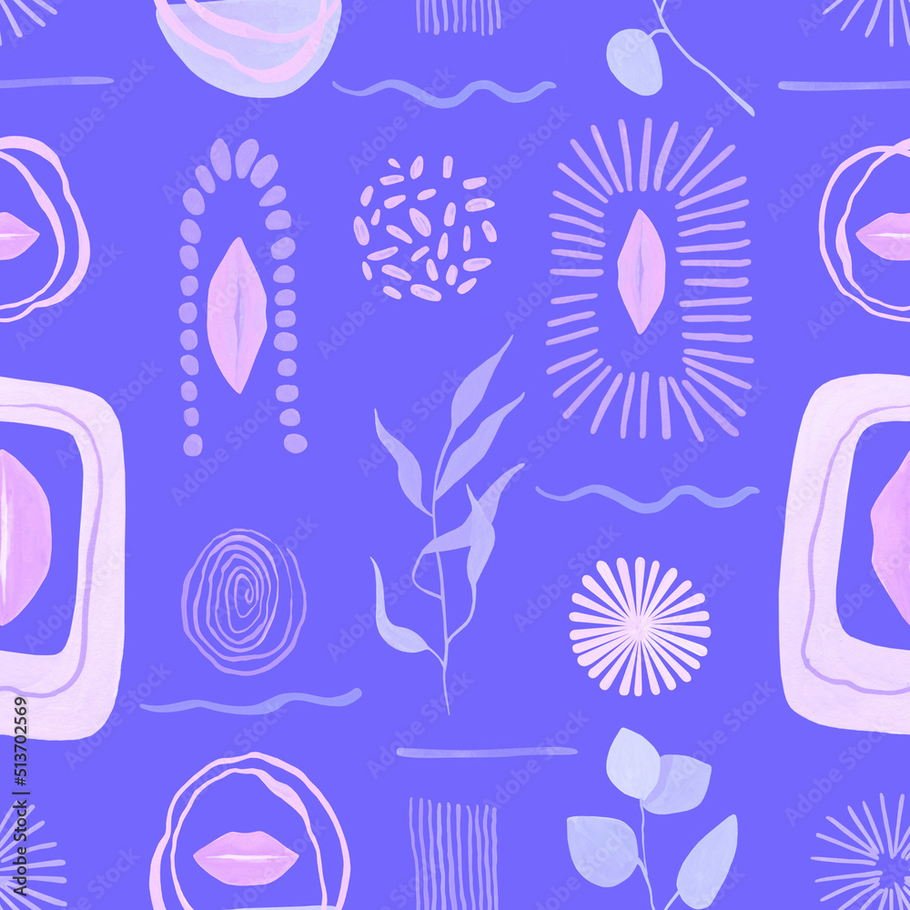 Abstract modern seamless pattern. Simple shapes, lips and lines  on purple background.