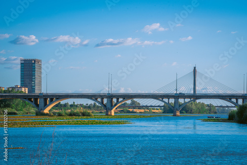 Blue sky over the city of Badajoz, view of the bridges of Badajoz