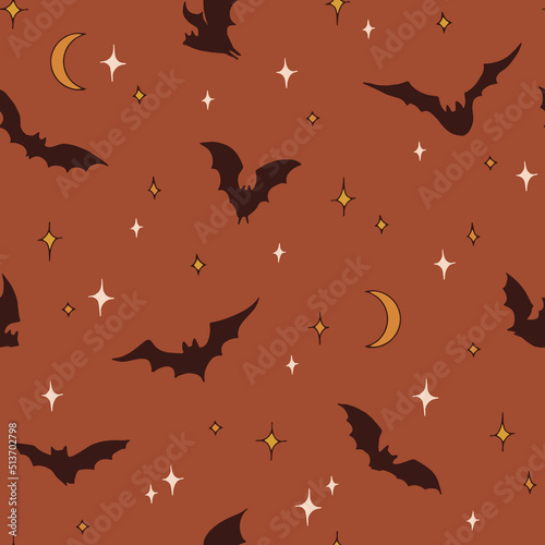 Boho Halloween Bat silhouette fly in starry night sky vector seamless pattern. Rearmouse nocturnal animal background. Groovy Autumn faded colours surface design.