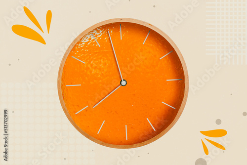 Creative 3d photo artwork graphics painting of orange fruit clock showing eight o clock isolated beige background photo