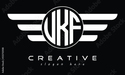 UKF three letter circle with wings logo design vector template. wordmark logo | emblem logo | monogram logo | initial letter logo | typography logo | business logo | minimalist logo |