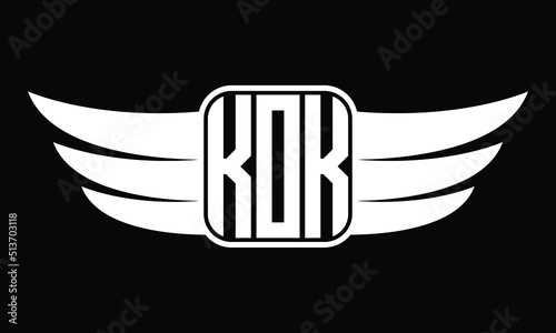 KOK three Letter Wings Flying Initial wing symbol minimalist creative concept flag icon professional logo design Vector template with abstract black and white tattoo